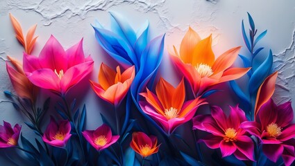 Vibrant floral arrangement showcasing colorful blossoms in bright hues against a textured background