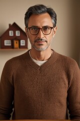 Obraz premium arafed man with glasses and a brown sweater standing in front of a wooden table
