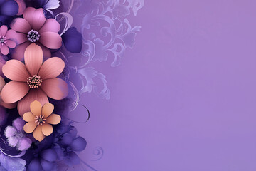 Purple background with flower design elements, abstract floral border in pink and purple. Violet purple background with lace-inspired floral patterns on the left side