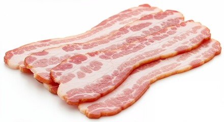 Obraz premium Slices of Raw Bacon Freshly Prepared on White Background Close-up