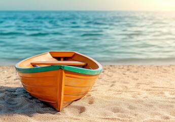 Naklejka premium Wooden Rowboat on Sandy Beach, Calm Ocean, Summer Sunlight