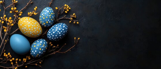 Fototapeta premium Elegant Easter eggs with yellow mimosa branches on dark background Concept of spring holiday, festive decoration, and traditional celebration