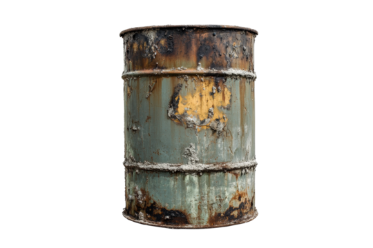 an old rusty metal barrel on a white background Cutout and isolated and transparent background image