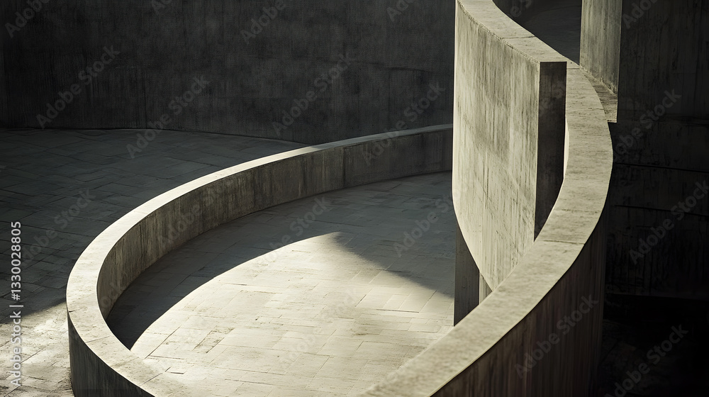 Aufkleber Concrete bench set within a modern concrete structure featuring abstract geometric forms and quadratic shapes in a minimalist urban environment.