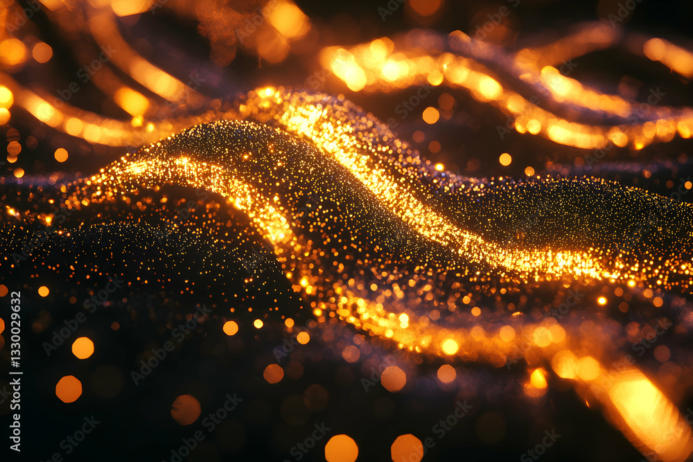 Poster golden glowing particles flowing in wavy patterns sparking with light
