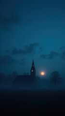 Obraz premium A serene Christian church scene at night with a full moon and misty surroundings.