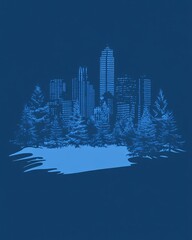 Winter cityscape with evergreen trees on sapphire background version 61