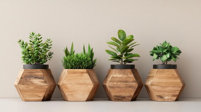 Modular hexagonal wooden plant holder set, customizable and interactive greenery display