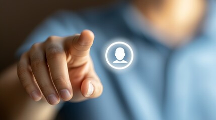 Person engaging with user icon button, a visual representation of account selection and digital interaction