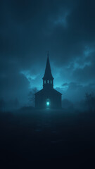 Fototapeta premium A dark night scene with a church illuminated by lightning, creating an ominous ambiance.