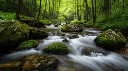 Obraz premium Tranquil Forest Stream with Lush Greenery