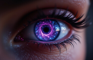 Human eye with the iris transforming into a swirling cosmic nebula