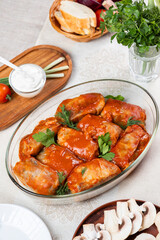 Stewed stuffed cabbage with mushrooms Ukrainian cuisine. Golubtsi is a dish of Ukrainian cuisine, also characteristic of Eastern European and Middle Eastern cuisine. Lean golubtsi. Dolma