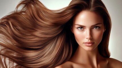 Obraz premium A woman with long brown hair is standing in front of a white background