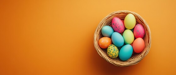 Obraz premium Colorful Easter eggs in a wicker basket on orange background Concept of spring holiday, easter celebration, and easter decoration