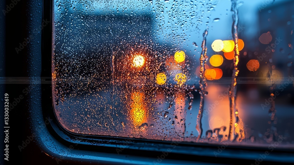 Poster window with raindrops on it and a blurry cityscape in the background. the raindrops on the window cr