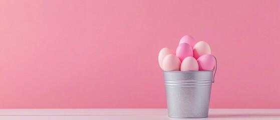 Pastel Pink Easter Eggs in a Silver Bucket on a Pink Background Concept of Spring Holiday, Decoration, and Celebration