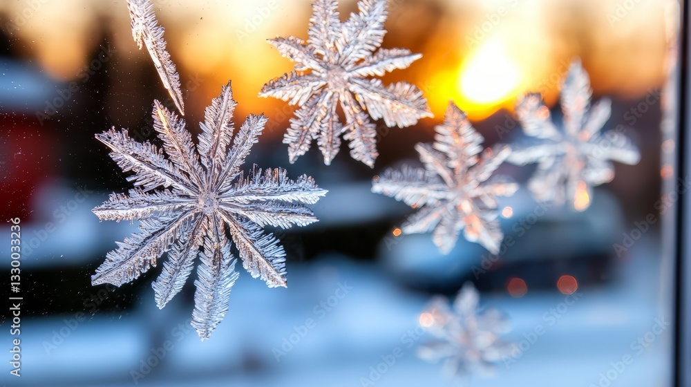 Aufkleber window with snowflakes on it and a sunset in the background. the snowflakes are frosted and the sun 