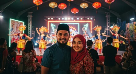 Fototapeta premium In a lively festival setting, a couple smiles together as traditional dancers perform behind them