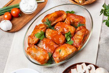 Stewed stuffed cabbage with mushrooms Ukrainian cuisine. Golubtsi is a dish of Ukrainian cuisine, also characteristic of Eastern European and Middle Eastern cuisine. Lean golubtsi. Dolma