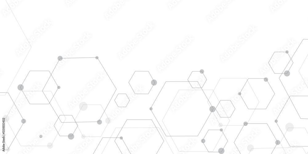 Poster Molecular structure abstract tech background. Geometric white background. Vector banner design with hexagons. Science network pattern, connecting lines and dots Medical background, Vector illustration