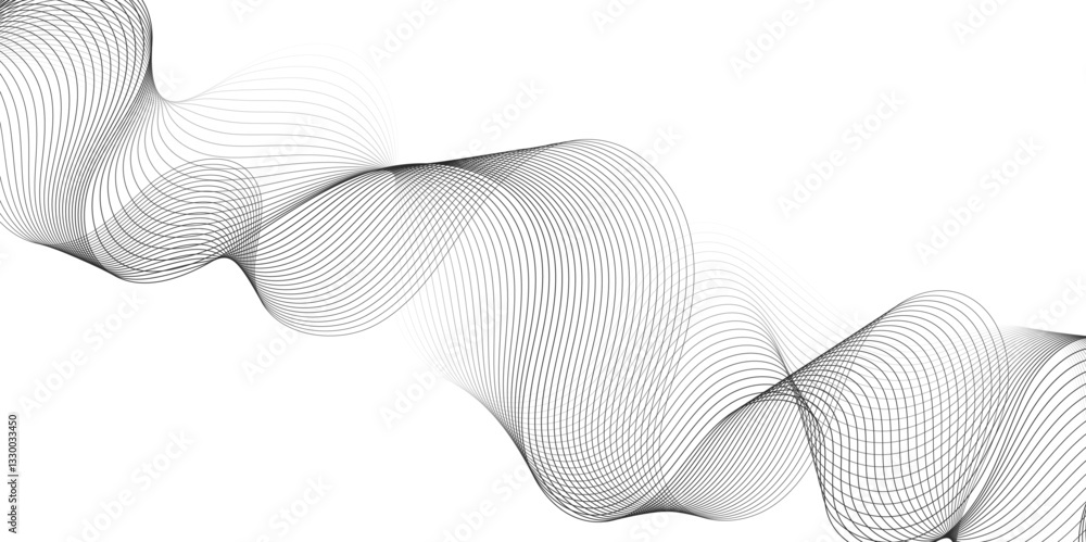 Poster Abstract grey, white smooth element swoosh speed wave modern stream background. Wave with lines created using blend tool. Abstract frequency sound wave lines and twisted curve lines background.	
