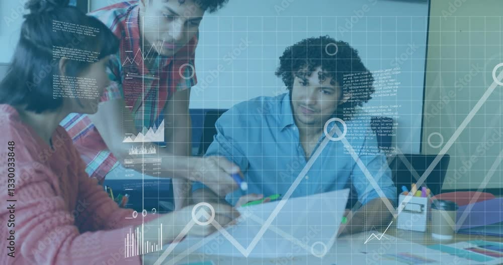 Aufkleber collaborating on project, team using data visualization animation in office setting