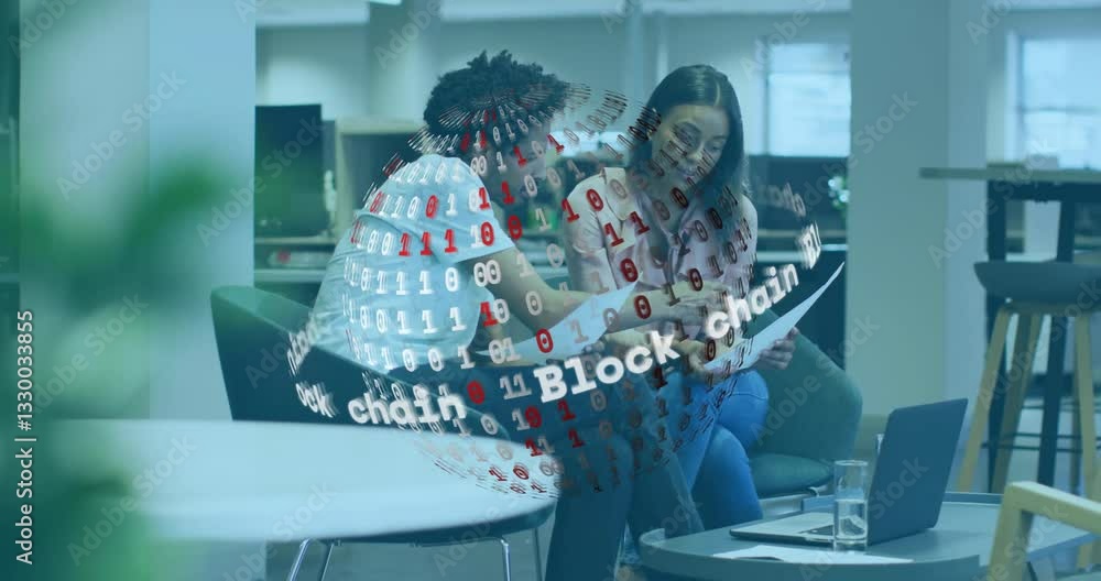 Poster discussing blockchain technology, diverse colleagues with digital binary globe overlay in office