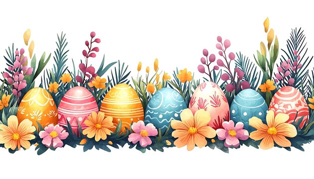 Festive Easter eggs in spring floral border