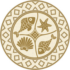 Circular mosaic vector nautical themed ornament with fish, shell and starfish in gold color. For ceramic, home decor, fabric and other projects.