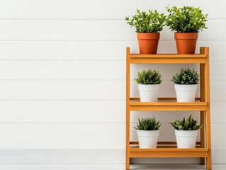Fototapeta premium Convertible wooden plant stand that expands into a larger shelf system