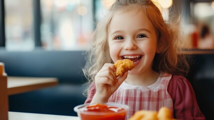 Cute little girl with dimples joyfully eating crispy chicken nuggets with ketchup in a stylish café booth, bright natural lighting and warm cheerful atmosphere