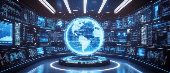 Obraz premium Global Network Control Center: Futuristic Digital Earth Monitoring System