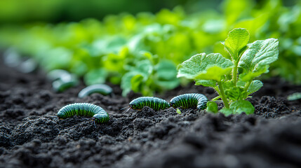Green Caterpillars are on Fertile Soil  in Garden