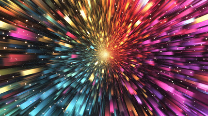 Spectacular radial light explosion with golden center and rainbow colors streaking outward. Dynamic light burst against dark background creates dramatic cosmic effect.