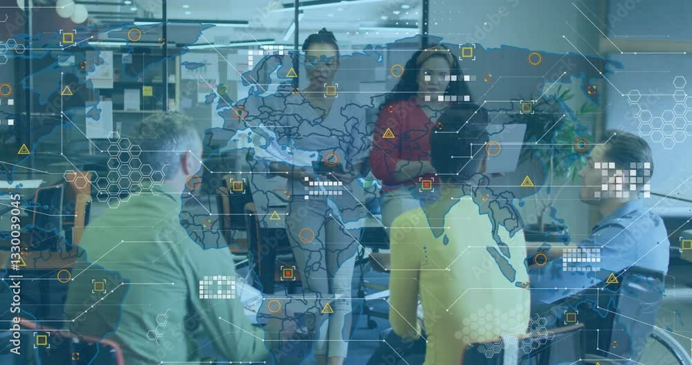Poster business team collaborating in office with world map and data overlay animation