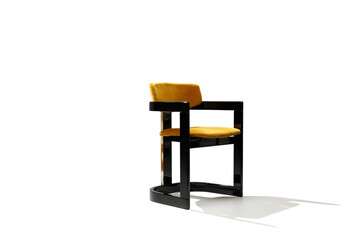 A modern, minimalist chair with a sleek design isolated on white + clipping path. The chair is positioned centrally against a plain white background. Studio shoot photography.