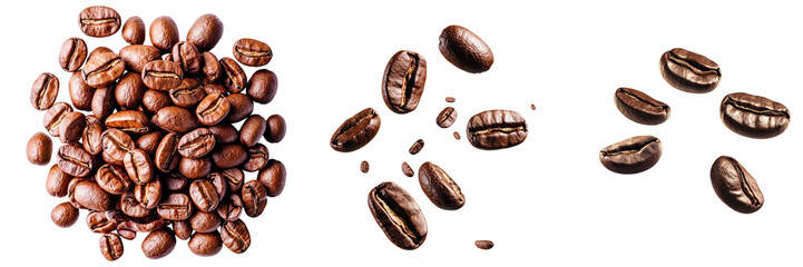 Fototapeta premium Falling coffee beans isolated scene product photography clean background top-down view coffee concept