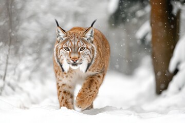 Fototapeta premium Majestic Lynx Walking Through Snowy Wilderness / Wild Lynx in a Winter