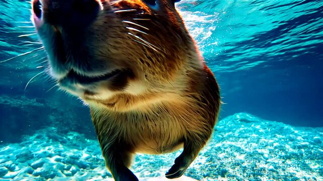 Adorable capybara swimming underwater in crystal-clear water, captured from a close-up perspective with playful and curious expression.