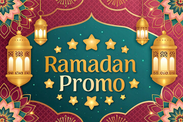 Naklejka premium Ramadan promotion banner with gold lanterns, teal background, floral design