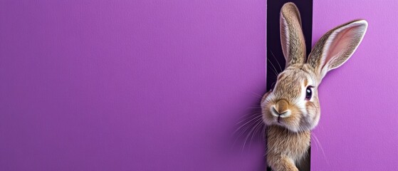 Curious brown rabbit peeking around a vibrant purple wall, creating a playful and whimsical easter concept with copy space for seasonal greetings