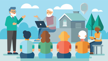 A nonprofit organization hosts a Silver Scholars program for retirees with workshops and seminars on personal development travel and finance.. Vector illustration