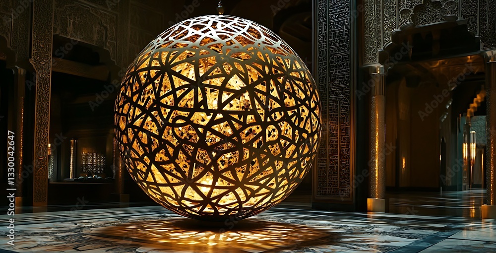 Poster ornate illuminated sphere with intricate geometric patterns in a grand dark space