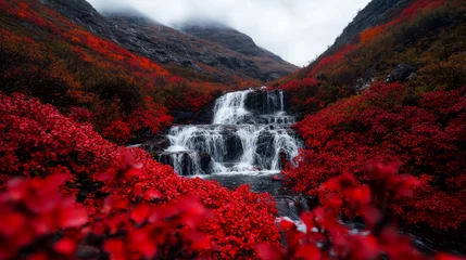 Selbstklebende Fototapeten Cascading waterfall framed by vibrant red foliage in a serene landscape © reddish