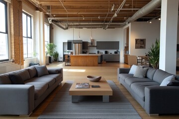 Naklejka premium Modern loft apartment with open plan living area, kitchen, and large windows.