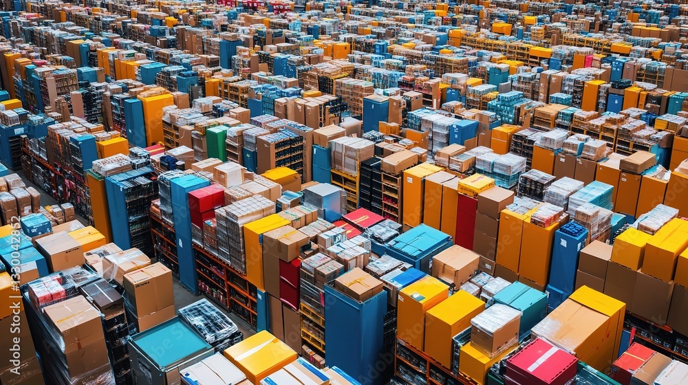 Poster automated warehouse with sorting machines and colorful packages