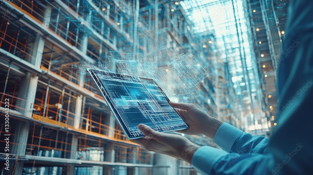 Poster architect using digital tablet for building analysis and design