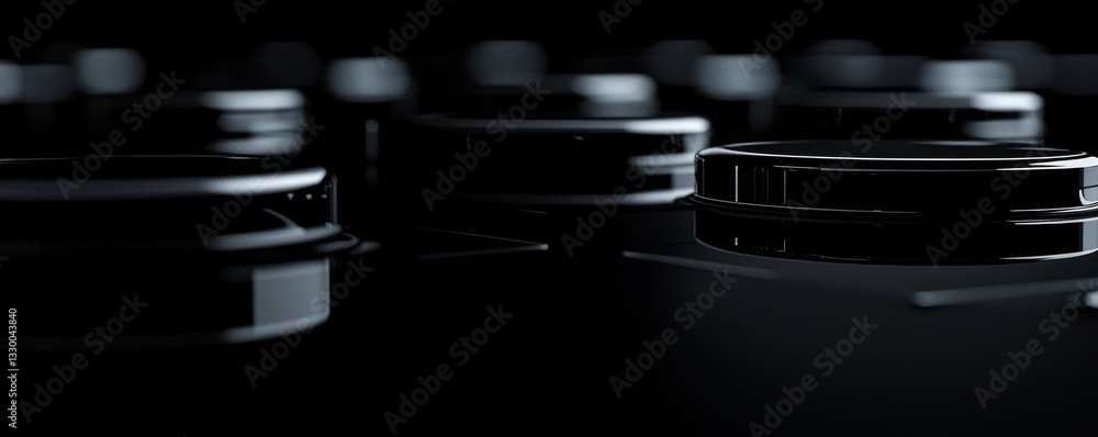 Poster close-up of glossy black circular objects.