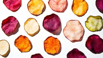 A professionally styled image of dried vegetable chips, such as sweet potato, beetroot, and zucchini slices, isolated on a pure white background. The crisp textures and rich colors are enhanced